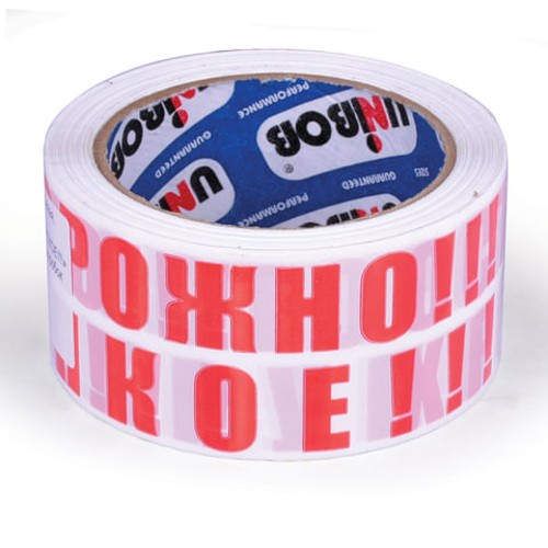 Клейкая лента упаковочная 50 мм х 66 м, белая, надпись &quot;ОСТОРОЖНО!!!ХРУПКОЕ!!!&quot;, толщина 50 микрон, UNIBOB