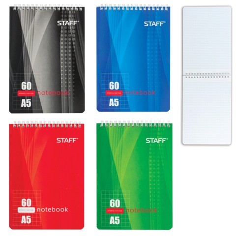Блокнот А5 (146х205 мм), 60 л., гребень, жесткая подложка, клетка, STAFF, 4 вида