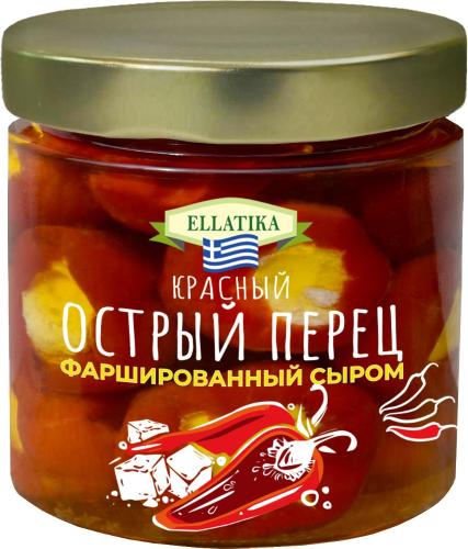 Красный острый перец фаршированный сыром, в подсолнечном масле, ELLATIKA, стеклянная банка 210 гр