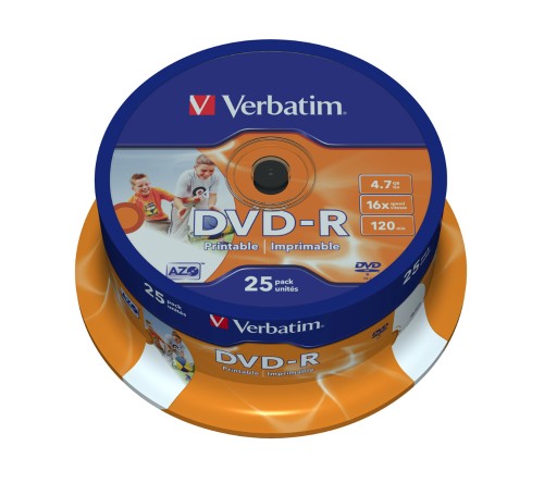 Носители информации DVD-R Printable, 16x, Verbatim Azo Wide, Cake/25, 43538