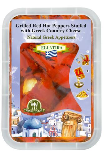 Красный острый перец на гриле фарш. сыром, в подсолнечном масле, ELLATIKA, пластиковый бокс 230 гр