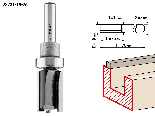 ЗУБР 19 x 26 мм, хвостовик 8 мм, фреза пазовая прямая с верхним подшипником, Профессионал (28781-19-26)