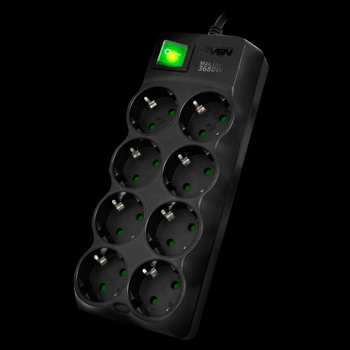 Сетевой фильтр SVEN SF-08E-16 (3 м 8 розеток с защитными шторками,16А) черный, цветная коробка Sven SV-021610