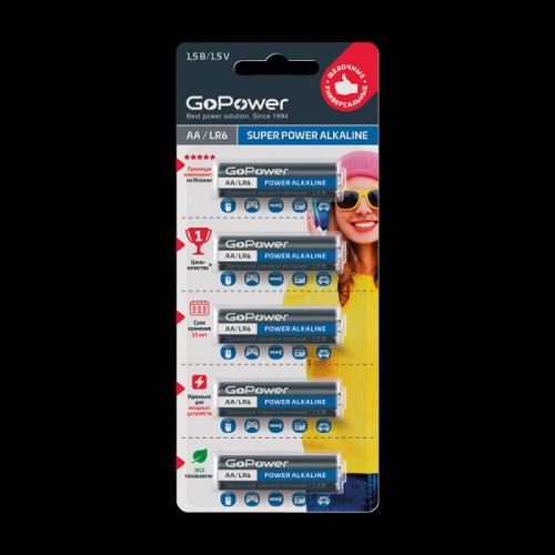 Батарейка GoPower LR6 AA BL5 Alkaline 1.5V (5/50/600) GoPower 00-00023779