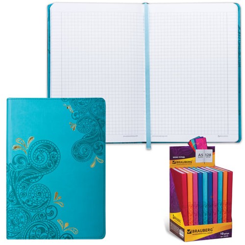 Бизнес-блокнот А5 (148х218 мм), BRAUBERG &quot;Orient&quot;, 128 л., кожзаменитель с тиснением, клетка, ассорти