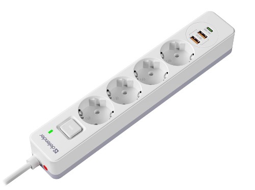 Defender Удлинитель с сетевым фильтром DFS 143, белый, 4розетки, USB+TypeC, 3 м.