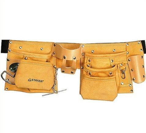 Пояс для инструментов кожаный, 10 карманов, 3 подвески, STAYER 38512