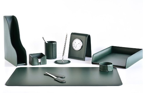 Настольный набор из 9 предметов, кожа двухслойная, зеленый Настольный набор из 9 предметов, кожа двухслойная, зеленый
