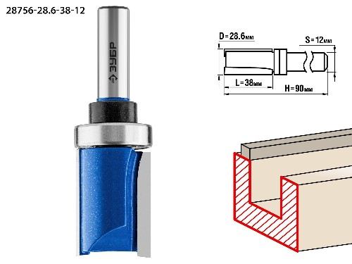 ЗУБР 28.6 x 38 мм, хвостовик 12 мм, фреза пазовая прямая с верхним подшипником, Профессионал (28756-28.6-38-12)