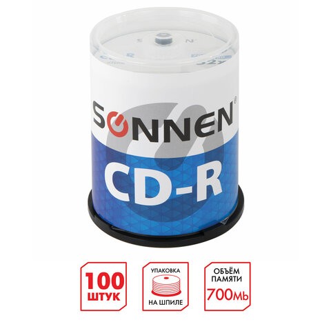 Диски CD-R SONNEN, 700 Mb, 52x, Cake Box (упаковка на шпиле) КОМПЛЕКТ 100 шт., 513533