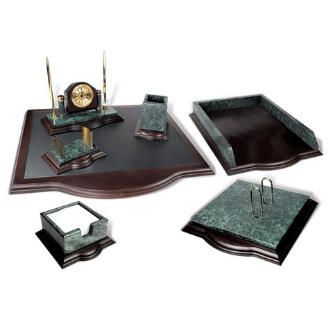 Настольный набор для руководителя GALANT из мрамора, 7 предметов, зеленый мрамор с золотистой отделкой, красное дерево, часы