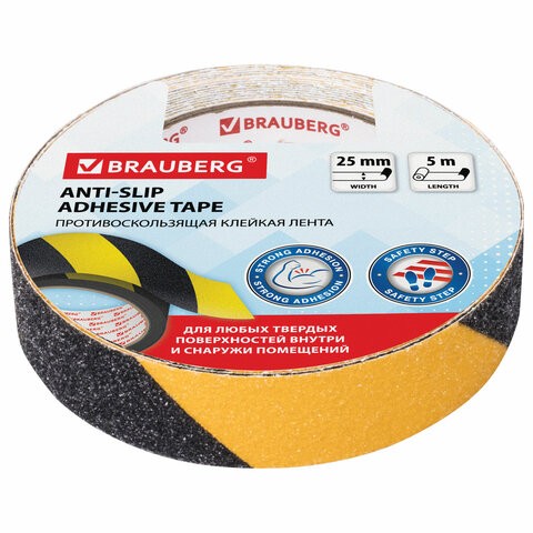 Клейкая лента ПРОТИВОСКОЛЬЗЯЩАЯ зернистая 25 мм х 5 м, ЧЕРНО-ЖЕЛТАЯ, основа ПВХ, BRAUBERG