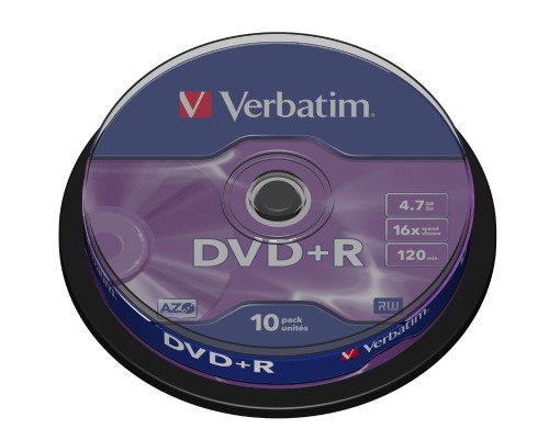 Носители информации DVD+R, 16x, Verbatim Azo Matt Silver, Cake/10, 43498