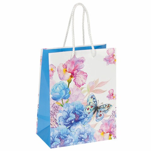 Пакет подарочный (12 шт), 17,8x9,8x22,9 см, ЗОЛОТАЯ СКАЗКА "Бабочка на цветке", ламинированный