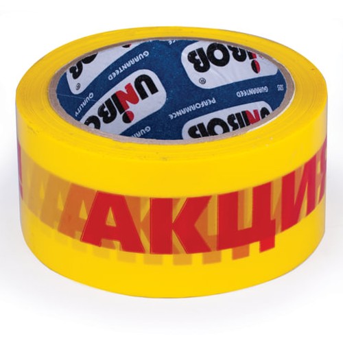 Клейкая лента упаковочная 50 мм х 66 м, желтая, надпись &quot;АКЦИЯ!&quot;, толщина 50 микрон, UNIBOB