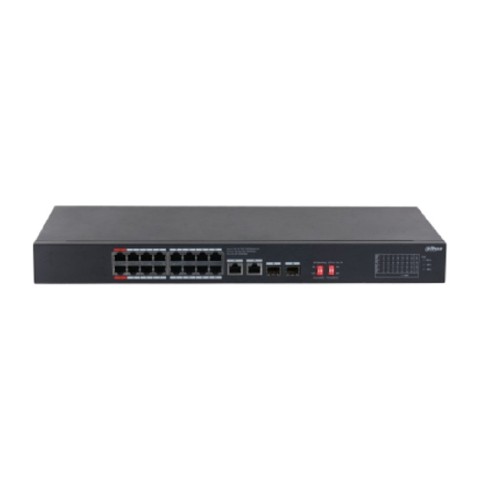 DAHUA DH-S3220-16GT-190 16-порт. Гига. коммутатор с PoE, уровень L2 16 RJ45 10/100/1000Мбит/с (PoE/PoE+/Hi-PoE), 2 RJ45 10/100/1000Мбит/с (uplink), 2 SFP 1000Мбит/с (uplink) до 190Вт
