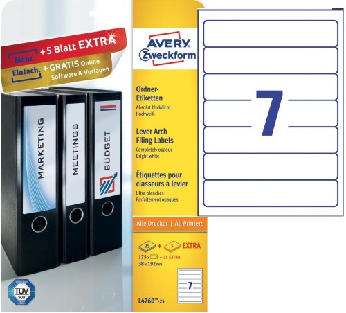 Этикетки самоклеящиеся для папок-регистраторов Avery Zweckform  (L4760-25) белые 192x38 мм 7 штук на листе (25 листов в упаковке)