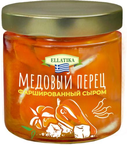 Оранжевый сладкий перец фаршированный сыром в подсолнечном масле, ELLATIKA, стеклянная банка 210 гр