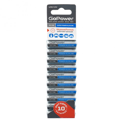Батарейка GoPower LR6 AA BL10 Alkaline 1.5V (10/60/360) блистер (10 шт.) Батарейка GoPower LR6 AA (00-00019863)