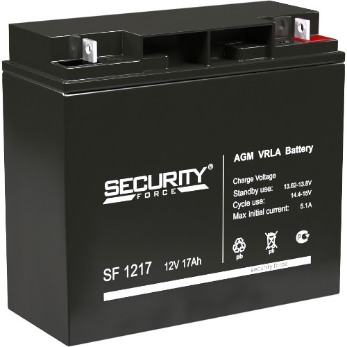 Батарея SECURITY FORCE серия SF, SF 1217, напряжение 12В, емкость 1.5Ач (разряд 20 часов),  макс. ток разряда (5 сек.) 18А, макс. ток заряда 5.1А, свинцово-кислотная типа AGM, клеммы под гайку и бо...