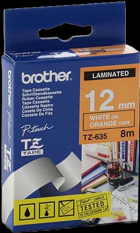 Ламинированная лента Brother TZ635, для печати наклеек, белый на жёлтом фоне, 12мм х 8м TZ635