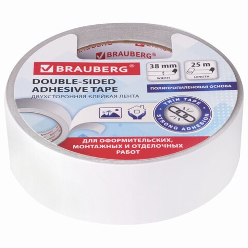 Клейкая лента двухсторонняя 38 мм х 25 м, ПОЛИПРОПИЛЕНОВАЯ ОСНОВА, 90 микрон, BRAUBERG 606426