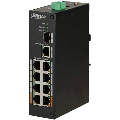 DAHUA DH-PFS3110-8ET-96 8-портовый неуправляемый коммутатор с PoE, уличное исполнение, 8xRJ45 100Mb PoE, 1xRJ45 1Gb + 1xSFP 1Gb uplink, суммарно 96Вт, коммутация 7.6 Гбит/с, MAC-таблица 8К