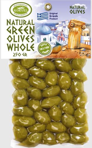 Натуральные зеленые оливки с косточкой, сорта Халкидики калибр 111/120 Super Colossal, KORVEL, вакуумный пакет 250 гр
