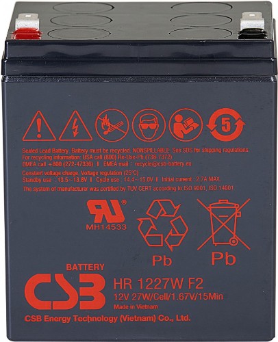 Батарея CSB серия GP, HR1227W F2, напряжение 12В, емкость 7.5Ач (разряд 20 часов), 27 Вт/Эл при 15-мин. разряде до U кон. - 1.67 В/Эл при 25 °С,  макс. ток разряда (5 сек.) 130А, ток короткого замы...