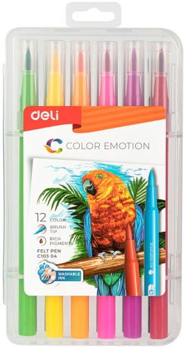 Фломастеры набор Deli Color Emotion кисть смываемые 12цв. пластик. Пенал