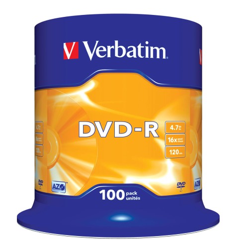 Носители информации DVD-R, 16x, Verbatim Azo Matt Silver, Cake/100, 43549