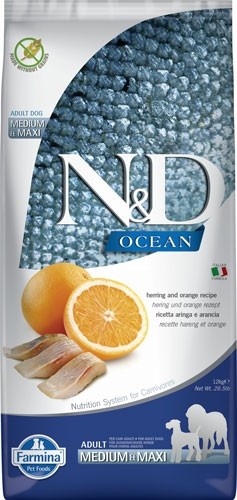 Фармина 36490 N&D OCEAN Adult Medium & Maxi корм беззерновой д/собак средних и крупных пород Сельдь с апельсином 12кг
