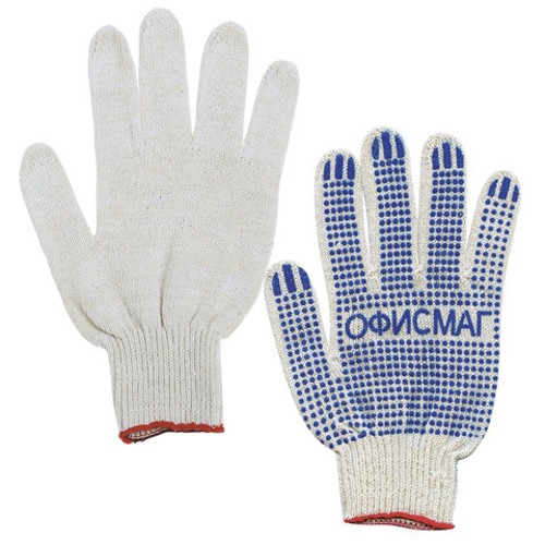 Перчатки рабочие хлопчатобумажные КОМПЛЕКТ 5 ПАР, 10 класс, 40-42 г, 116 текс, ПВХ точка, ОФИСМАГ ЛЮКС, БЕЛЫЕ