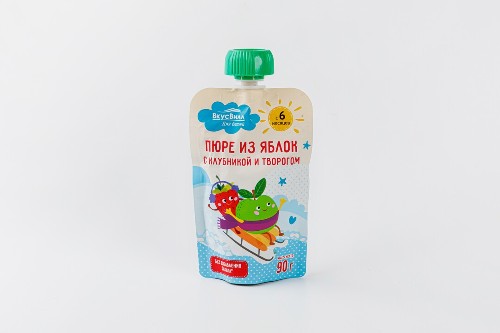 Пюре из яблок с клубникой и творогом, 90 г