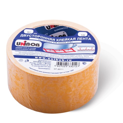 Клейкая лента двухсторонняя 50 мм х 10 м, ТКАНЕВАЯ ОСНОВА, UNIBOB, 28213