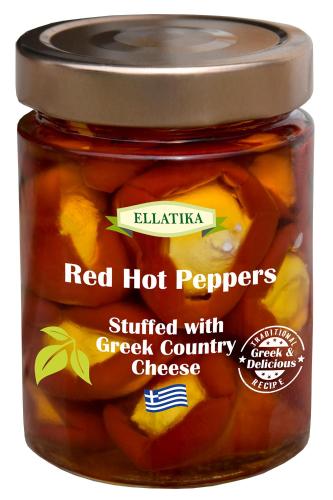 Красный острый перец фаршированный греческим фермерским сыром, в подсолнечном масле, ELLATIKA, стеклянная банка 320 гр