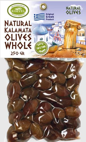Натуральные оливки Каламата с косточкой, сорта Каламата калибр 201/230 Extra Large, KORVEL, вакуумный пакет 250 гр
