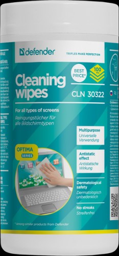 Defender Салфетки для экранов CLN 30322 Optima 100 шт,туба,термобонд Defender 30322