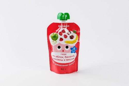 Пюре из яблок, банана, малины и вишни, 90 г
