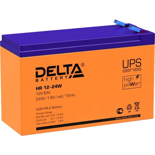 Батарея DELTA серия HR-W, HR 12-24 W, напряжение 12В, емкость 6Ач (разряд 20 часов), макс. ток разряда (5 сек.) 90А, макс. ток заряда 1.8А, свинцово-кислотная типа AGM, клеммы F2, ДxШxВ 151х52х94м... Батарея DELTA серия HR-W, HR 12-24 W, напряжение 12В, емкость 6Ач (разряд 20 часов), макс. ток разряда (5 сек.) 90А, макс. ток заряда 1.8А, свинцово-кислотная типа AGM, клеммы F2, ДxШxВ 151х52х94м...