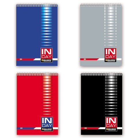 Блокнот А5 (146х205 мм), 80 л., гребень, мелованная картонная обложка, клетка, BRAUBERG, &quot;INDAY&quot;, ассорти