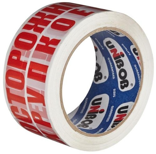 Клейкая лента упаковочная Unibob с логотипом Осторожно!!! Хрупкое!!! 50 мм x 66 м 48 мкм белая