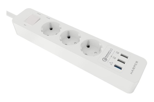 Сетевой фильтр HARPER UCH-340 White QC3.0 Роз.3шт/1.5м/4000W/16A/3xUSB