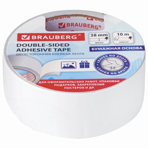 Клейкая лента двухсторонняя 38 мм х 10 м, БУМАЖНАЯ ОСНОВА, BRAUBERG 229056