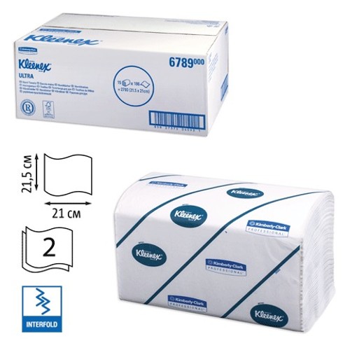 Полотенца бумажные профессиональные 186 шт., KIMBERLY-CLARK Kleenex, КОМПЛЕКТ 15 шт., Ultra, 2-х слойные, белые, 21х21,5 см, Interfold