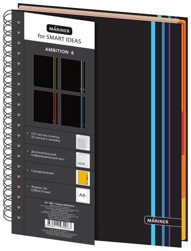 Бизнес-тетрадь Ambition 6,А4,150л,200х274,5 разд, кл+лин,син полоса,0006