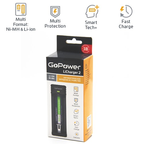 З/У для аккумуляторов GoPower LiCharger 2 Ni-MH/Ni-Cd/Li-ion/IMR 1 слот (1/100) З/У для аккумуляторов GoPower LiCharger 2 (00-00015361)