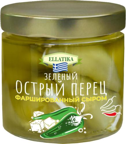 Зеленый острый перец фаршированный сыром, в подсолнечном масле, ELLATIKA, стеклянная банка 210 гр