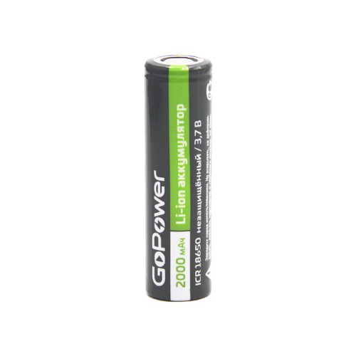 Аккумулятор Li-ion GoPower ICR18650 PC1 3.7V 2000mAh без защиты плос.конт. (1/80/160) Аккумулятор Li-ion GoPower ICR18650 без защиты с плоскими контактами (00-00021267)