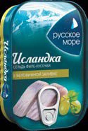 Пресервы. Сельдь тихоокеан. "Исландка" филе-кусочки в "беловинной" заливке 115г 1/6 (90суток)